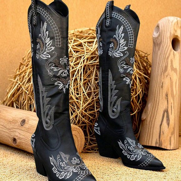 Black Western Women's Cowgirl Boots Pointed Toe Embroidered Thick Heels Knee Hig - Picture 5 of 7